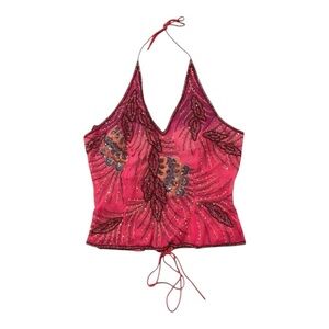 Vintage Y2K Beaded Embroidered Halter Lace Up Back Top Women's
Size Large Pink